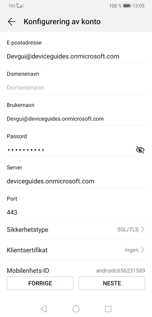 Skriv inn Exchange-serveradresse og velg NESTE