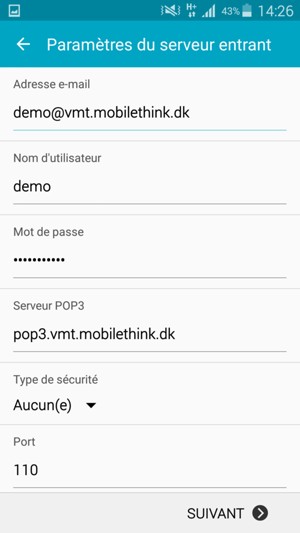 Saisissez votre Nom d'utilisateur et l'adresse du serveur entrant. Sélectionnez SUIVANT