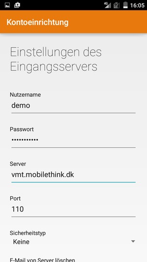 Geben Sie Benutzername und die Server-Adresse für eingehende Post ein