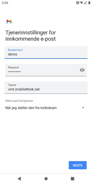 Skriv inn Brukernavn og innkommende serveradresse. Velg NESTE