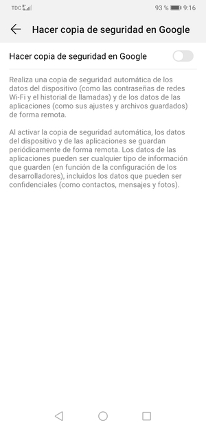 Active Hacer copia de seguridad en Google