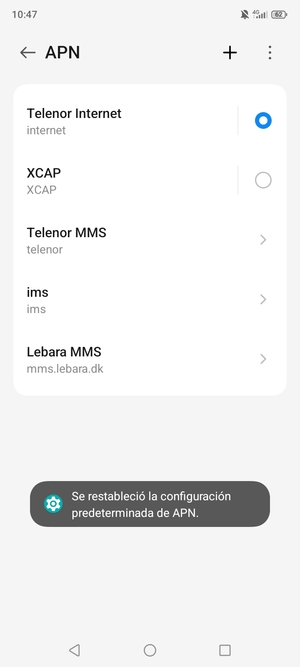 El teléfono se reiniciará con la configuración predeterminada de Internet y MMS