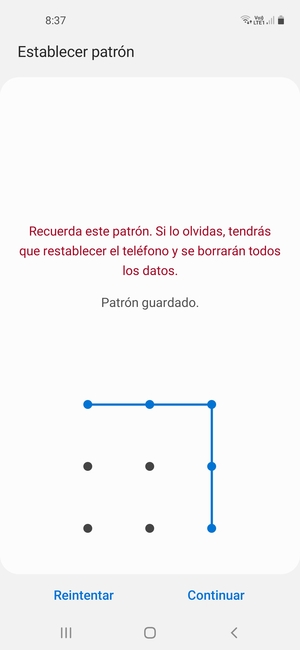 Dibuje un patrón de desbloqueo y seleccione Continuar