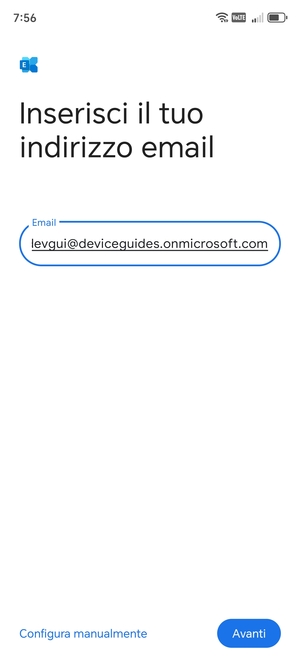 Inserisci il tuo indirizzo email e seleziona Configura manualmente