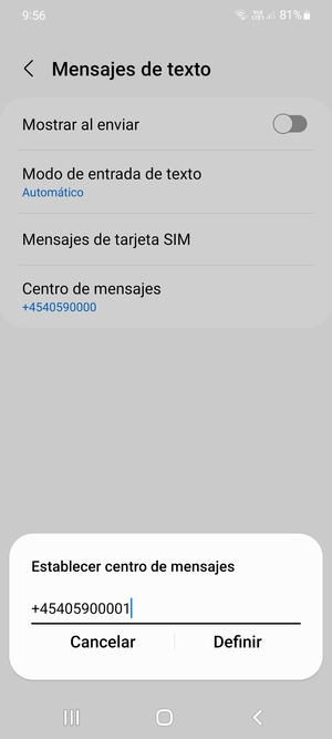Introduzca el número de Centro de mensajes y seleccione Definir
