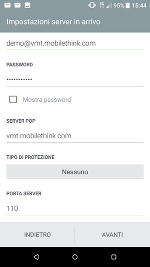 Inserisci l'indirizzo del server di posta in entrata e seleziona AVANTI