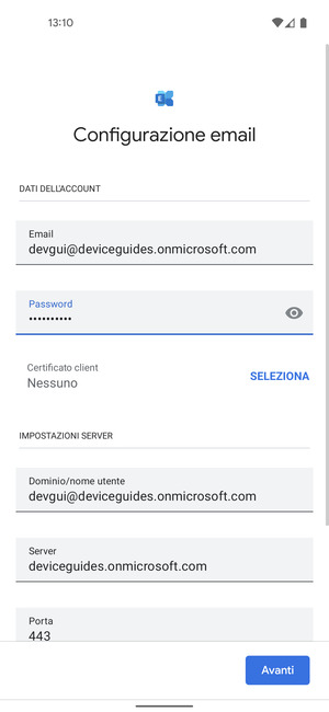 Inserisci Nome utente e l'indirizzo del server Exchange. Seleziona Avanti