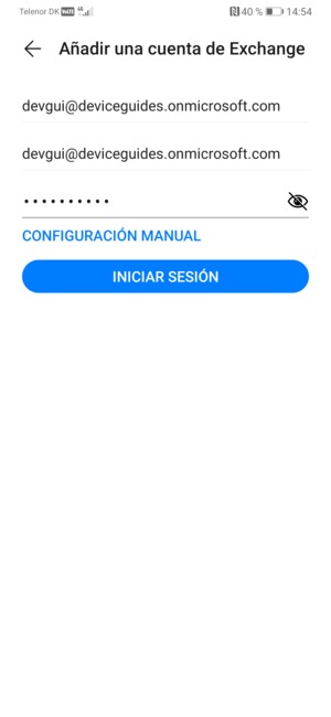 Introduzca su dirección de correo electrónico, nombre de usuario y contraseña. Seleccione CONFIGURACIÓN MANUAL