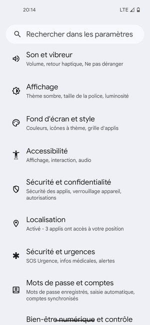 Faites défiler et sélectionnez Sécurité et confidentialité