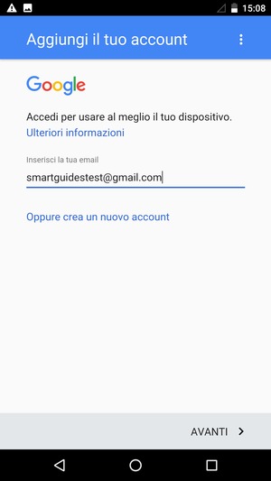 Inserisci il tuo indirizzo Gmail e seleziona AVANTI