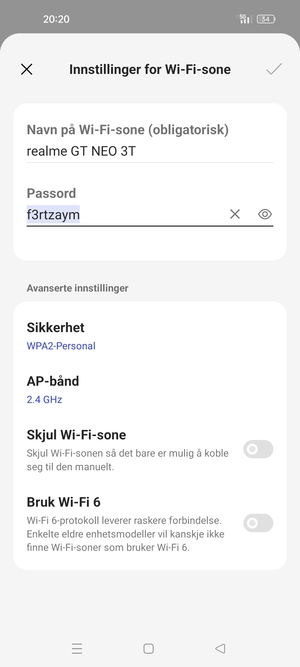 Skriv inn et Wi-Fi hotspot-passord på minst 8 tegn og velg OK