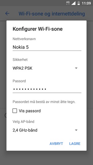 Skriv inn et Wi-Fi hotspot-passord på minst 8 tegn og velg LAGRE