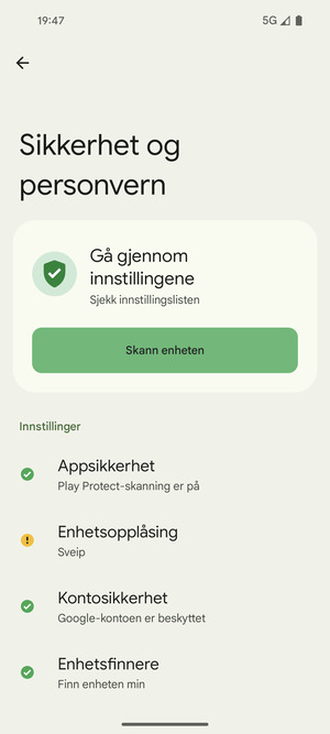 For å aktivere skjermlåsen, gå til Sikkerhet og personvern-menyen og velg Enhetsopplåsning