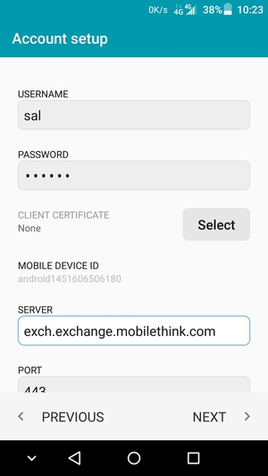 Enter Username and Exchange server address. Select NEXT