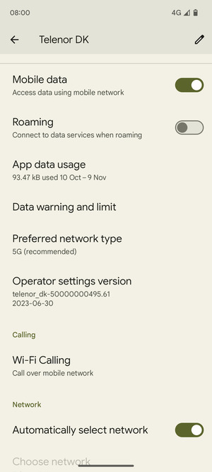 Scroll to and select Preferred network type