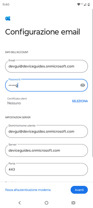 Inserisci Nome utente e l'indirizzo del server Exchange. Seleziona Avanti