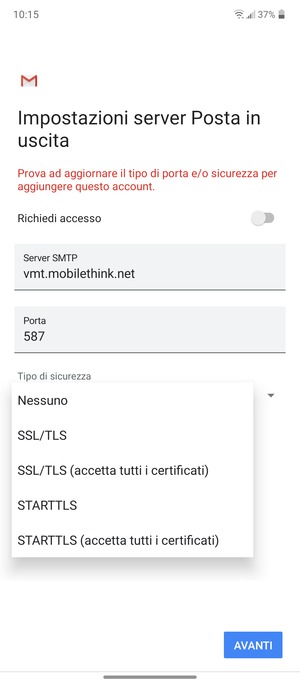 Seleziona Nessuno e AVANTI