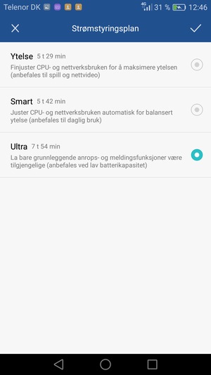 Hvis du vil aktivere Ultra-strømsparing, velg Ultra og OK