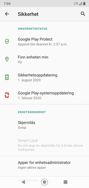 For å aktivere skjermlåsen, gå til Sikkerhet-menyen og velg Skjermlås