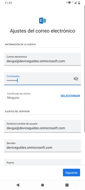 Introduzca Nombre de usuario y la dirección de servidor Exchange. Seleccione Siguiente