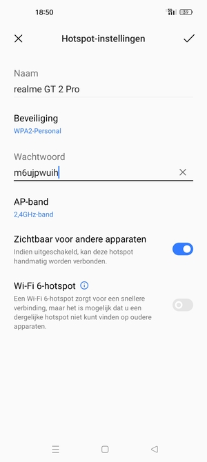 Voer een wachtwoord van een WiFi-hotspot in van ten minste 8 tekens en selecteer OK