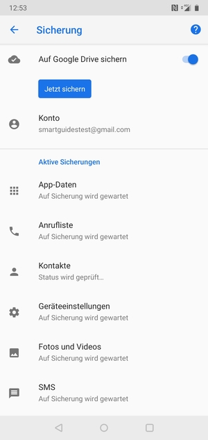 Gehen Sie zurück zum Sicherung Menü und wählen Sie Konto