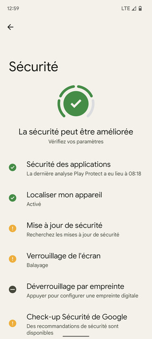 Pour activer votre écran de verrouillage, allez dans le menu Sécurité et sélectionnez Verrouillage de l'écran