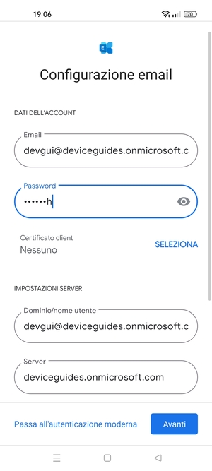 Inserisci Nome utente e l'indirizzo del server Exchange. Seleziona Avanti