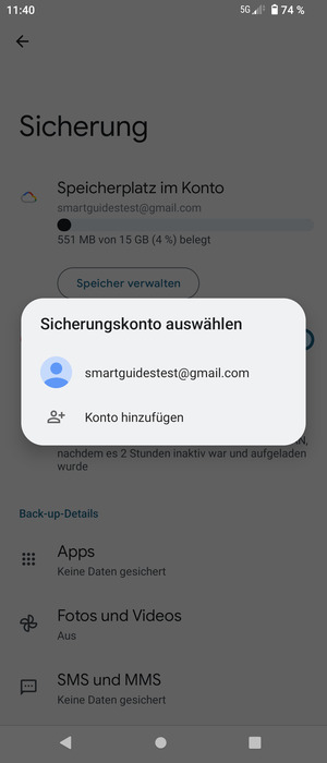 Wählen Sie Ihr Konto für Backup
