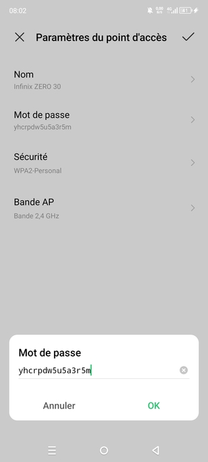 Saisissez un mot de passe de hotspot Wi-Fi d'au moins 8 caractères et sélectionnez OK