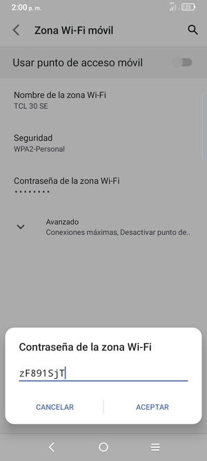 Introduzca una contraseña de punto de acceso Wi-Fi de al menos 8 caracteres y seleccione ACEPTAR
