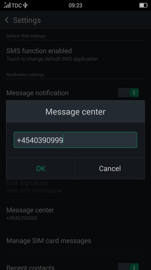 Enter the Message center number and select OK