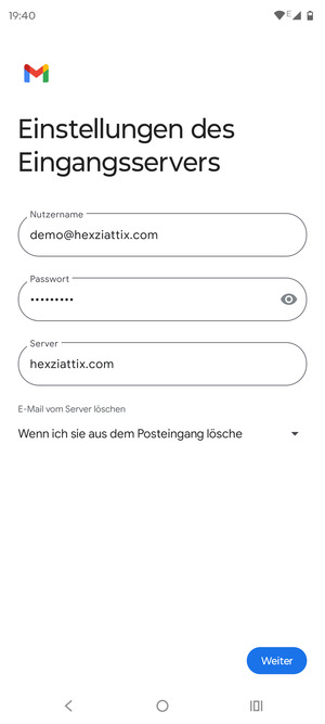 Geben Sie Benutzername und die Server-Adresse für eingehende Post ein. Wählen Sie Weiter
