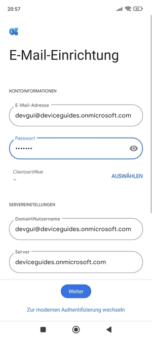Geben Sie Benutzername und Exchange Server-Adresse ein. Wählen Sie Weiter