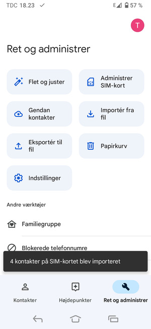 Dine kontakter vil blive gemt på din Google konto og gemt på din telefon næste gang Google synkroniseres.