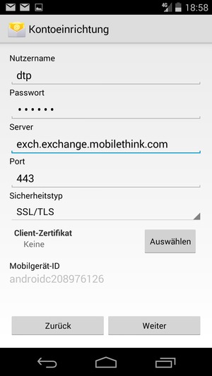 Geben Sie Nutzername und Exchange Server-Adresse ein. Wählen Sie Weiter