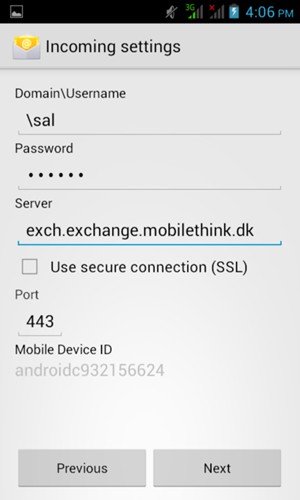 Enter Username and Exchange server address. Select Next