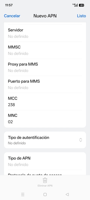 Desplácese hacia abajo e introduzca la información de MMS