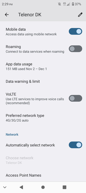 Scroll to and select Preferred network type