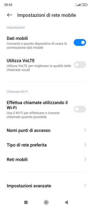 Per modificare la rete, in presenza di problemi, seleziona Reti mobili