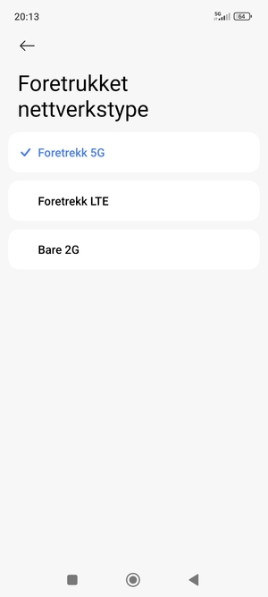 Velg ønsket alternativ
