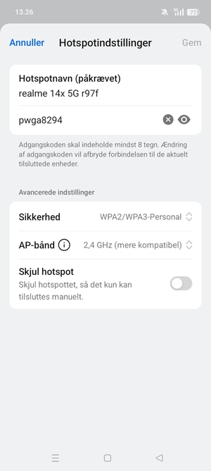 Indtast en Wi-Fi-hotspot adgangskode på minimum 8 tegn og vælg Gem
