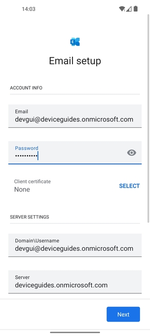 Enter Username and Exchange server address. Select Next