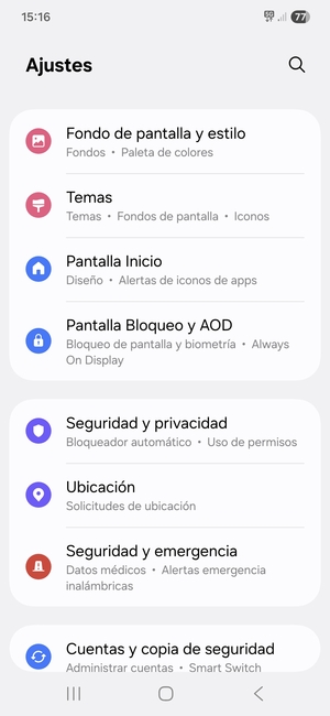 Desplácese y seleccione Seguridad y privacidad