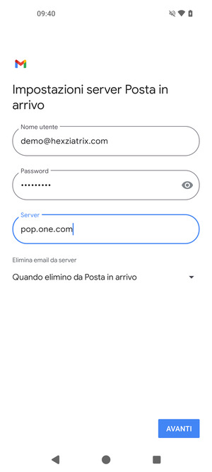 Inserisci Nome utente e l'indirizzo del server di posta in arrivo. Seleziona AVANTI