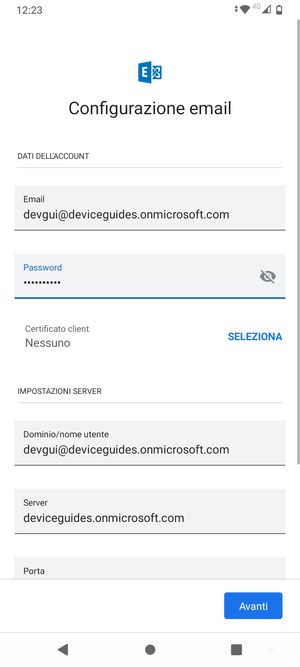 Inserisci Nome utente e l'indirizzo del server Exchange. Seleziona Avanti