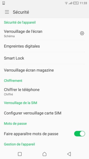 Pour activer votre écran de verrouillage, allez dans le menu Sécurité et sélectionnez Verrouillage de l'écran