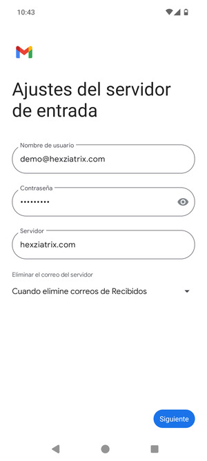 Introduzca Nombre de usuario y la dirección de servidor entrante. Seleccione Siguiente