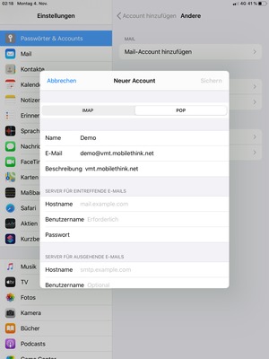 Wählen Sie POP oder IMAP und geben Sie E-Mail-Informationen für SERVER FÜR EINTREFFENDE E-MAILS ein