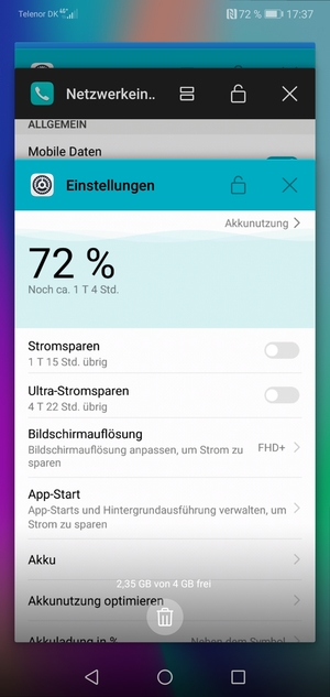 Wählen Sie das Symbol Löschen, um laufende Apps zu schließen